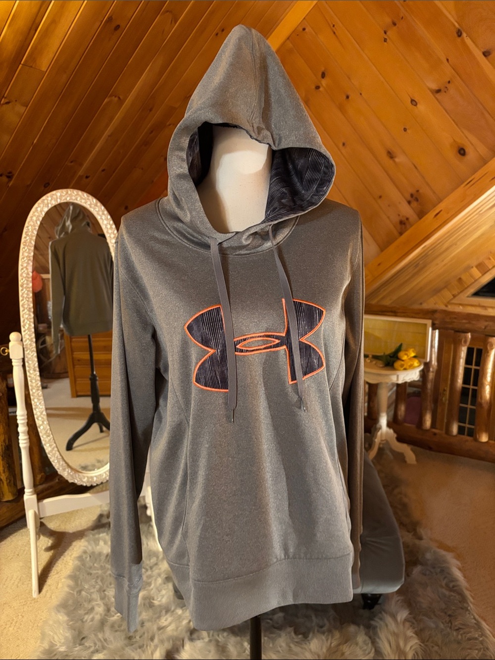 Under Armour Men’s Gray Hooded Zip-Up Sweatshirt with Orange-Trim Logo